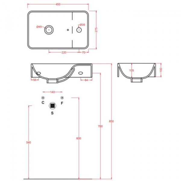 Artceram LAVAMANI UNION Раковина 27х45 см, 1 отв., подвесная, со слив-переливом, цвет: белый