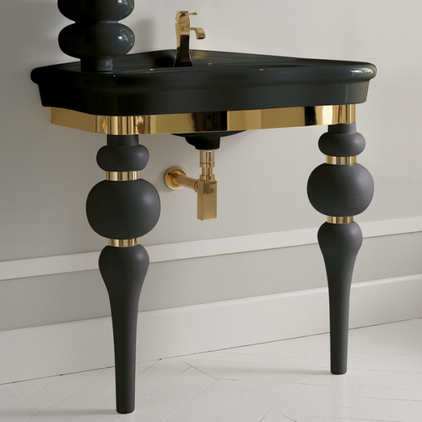 3SC Consolle Консоль Via Veneto 70х52хh96см, с раковиной LA11 и сифоном, цвет: черный матовый/золото 24к. Lucido