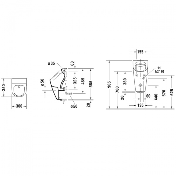 Duravit ME by Starck Писсуар Rimless электронный писсуар с питанием от батареек, без смывного края, подача воды сзади, с вытяжкой, сток горизонтальный (с мушкой )