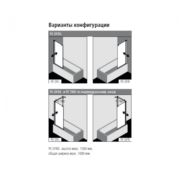 Kermi Pega Штора на ванну PE DFR 75x150см., цвет: черный матовый/прозрачное стекло