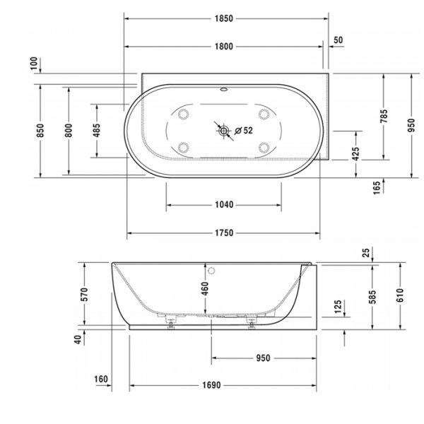 Duravit Luv Ванна из минерального литья пристенная, 185x95см, гидромассажная угол справа, с бесшовной панелью и ножками, со слив переливом