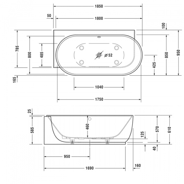 Duravit Luv Ванна из минерального литья пристенная, 185x95см,гидромассажная угол слева, с бесшовной панелью и ножками,со слив переливом