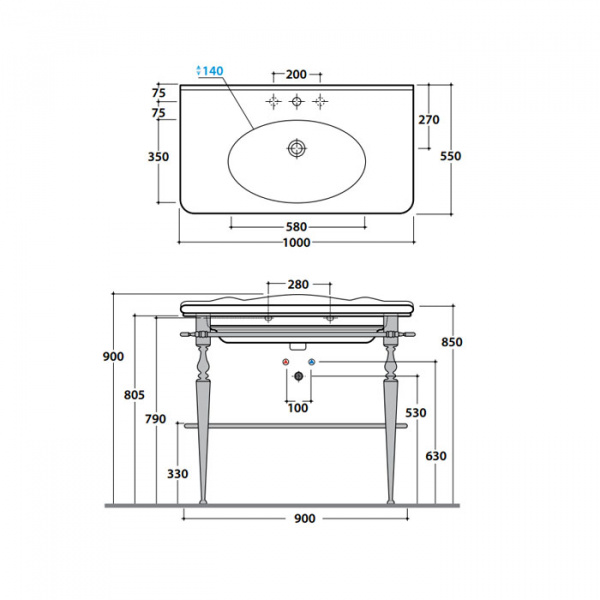 Globo Paestum Консоль напольная 100x53x90см, с раковиной на 1 отв., хромированная