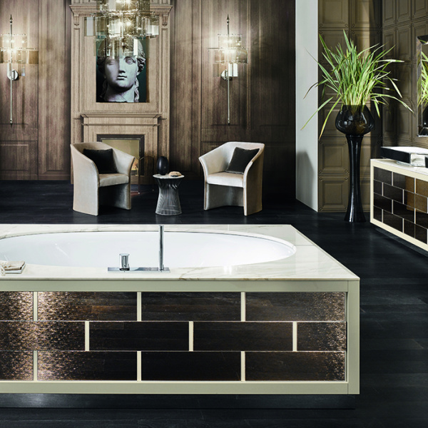 VITAGE milldue edition RITZ Ванна 190х100 см, стальная, подача воды из водослива, в комплекте с сифоном, основанием и мраморным топом, отдельностоящая, цвет: белый/Golden crash