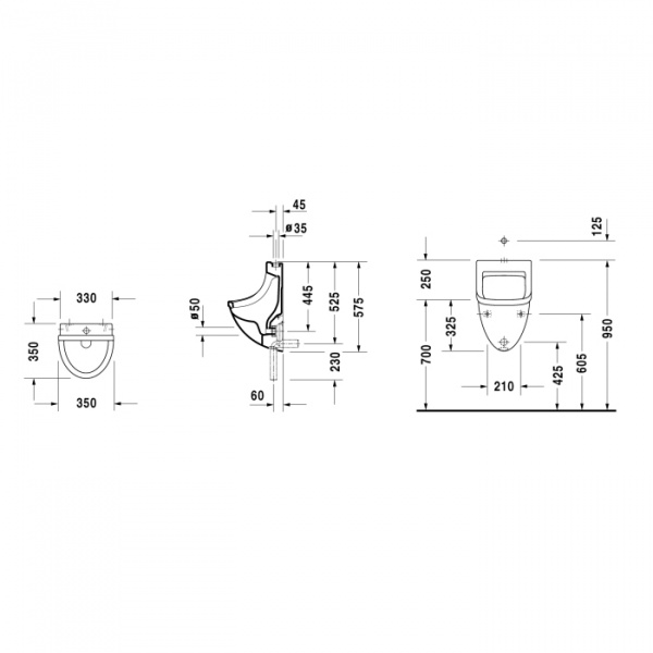 Duravit Starck 3 Писсуар подача воды сверху, с вытяжкой, сток внутренний вертикальный или горизонтальный, включая крепление, модель с „мушкой“, 330x35