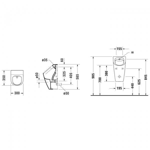 Duravit ME by Starck Писсуар Rimless 0,5л., 30х35см, без смывного края, подача воды сзади, с вытяжкой, сток горизонтальный, включая крепление, модель с „мушкой