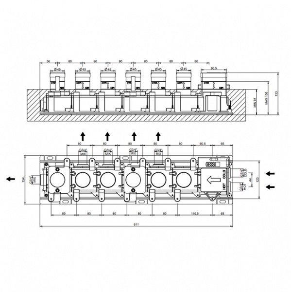 Gessi Hi-Fi Встраиваемые части для термостатического смесителя, до 5 источников одновременно, 3/4&quot соединение., цвет: хром