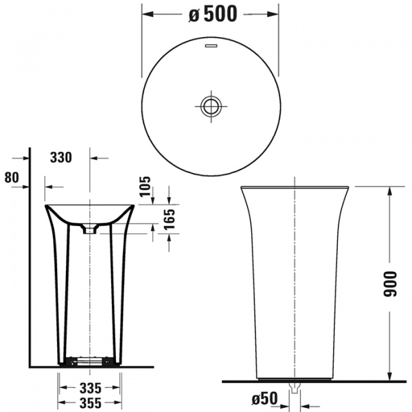 Duravit White Tulip Раковина напольная Ø50см, без перелива, без отв., сифон, слив в пол, цвет: белый