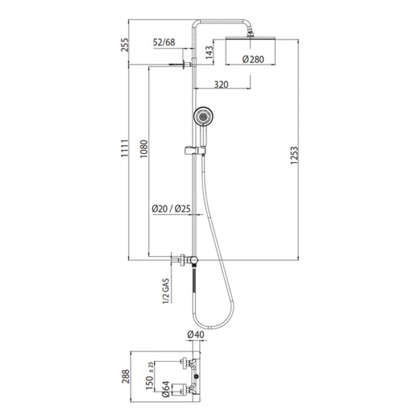 Bossini Elios Душевая стойка с термостатическим смесителем, верхний душ из ABS Ø250 мм., ручной душ с 3 режимами, цвет: черный матовый