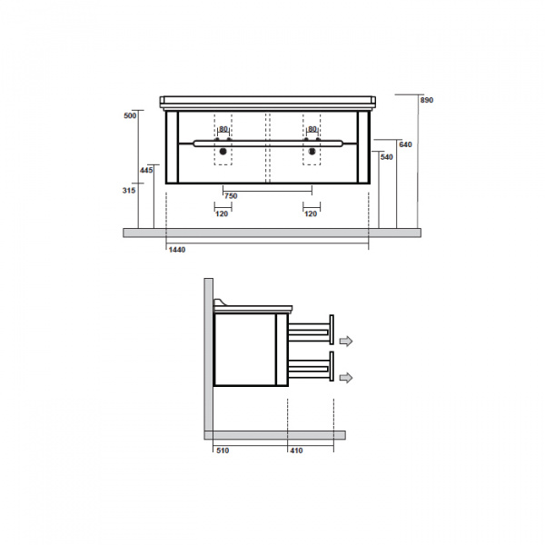 Kerasan Waldorf Комплект подвесной/напольной мебели 150см,  с 4 ящиками, цвет:черный матовый  НОЖКИ НА ВЫБОР
