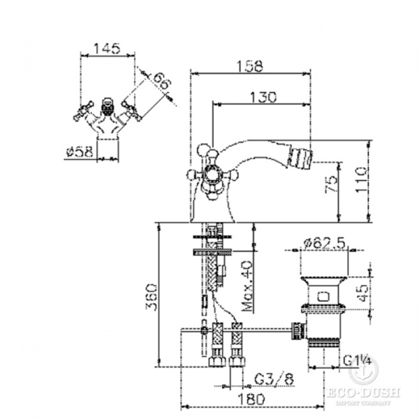 HUBER Victorian Смеситель двухвентильный для биде на 1 отверстие с донным клапаном, цвет: никель матовый