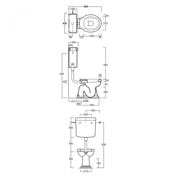 SIMAS Londra Унитаз 60х36.5см, c вертикальным сливом со средним бачком, механизмом и трубой цвет хром