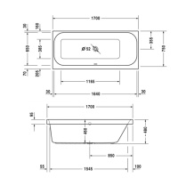 Duravit Happy D.2 Ванна акриловая  170х75x48см, прямоугольная .встраиваемая  версия , с наклоном для  спины справа
