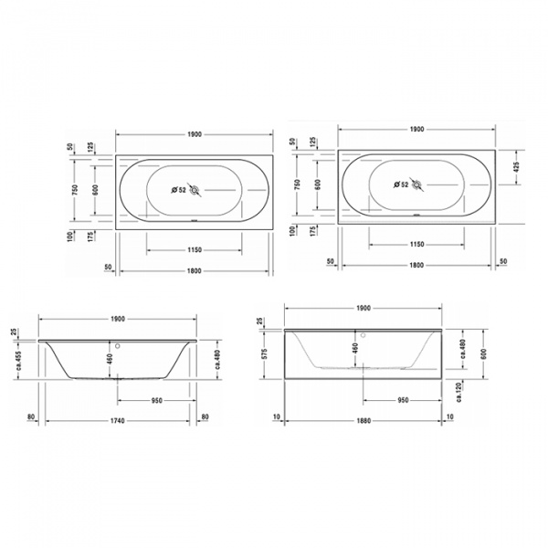 Duravit Darling New  Ванна 190х90x60см, акриловая, прямоугольная встраиваемая или с панелями,с 2 наклонами для спины