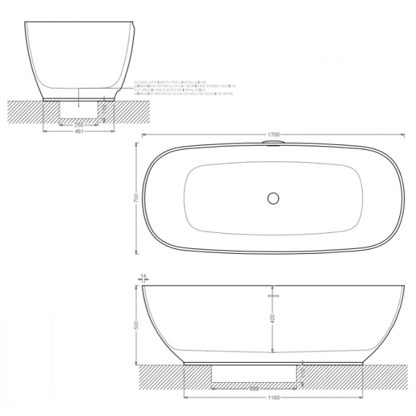 Artceram Hoop Ванна отдельностоящая из искусственного камня Livingtec 170х70х50 см, со слив-переливом, цвет: белый глянцевый