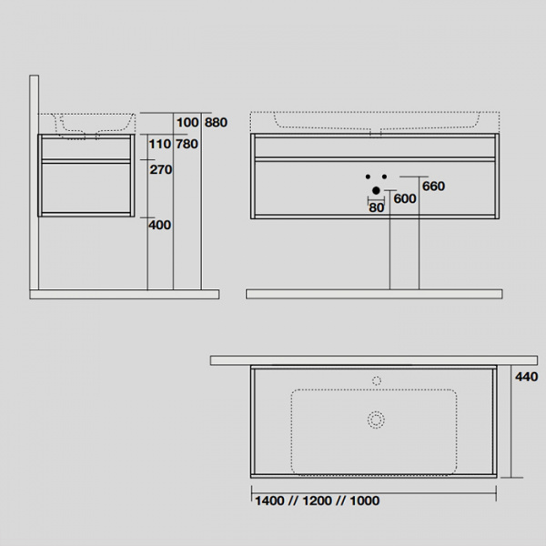 Kerasan Cento Стальная структура 140х45см, с раковиной на 1 отв,, подвесная, с металлической полкой, цвет: черный матовый