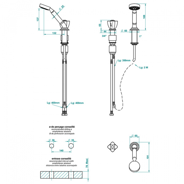 THG Petale de Cristal clair lisere dore Ручной душ на борт ванны, 2 отв., цвет: золото/прозрачный хрусталь с золотым декором