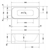 Ванна акриловая Duravit (Дуравит), 1800х80 нестандартной формы, пристенная