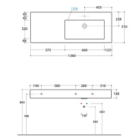 Globo Incantho Консоль 136х51см, с раковиной без отв под смеситель, чаша справа, с намеченным отверстием, цвет: белый