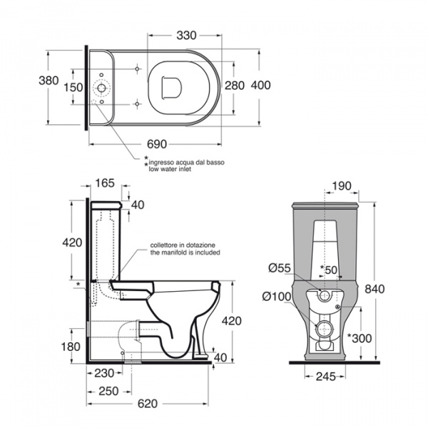 AZZURRA CHARME унитаз моноблок 68х40см, слив универсальный,с бачком СИДЕНИЕ НА ВЫБОР, фурнитура бронза