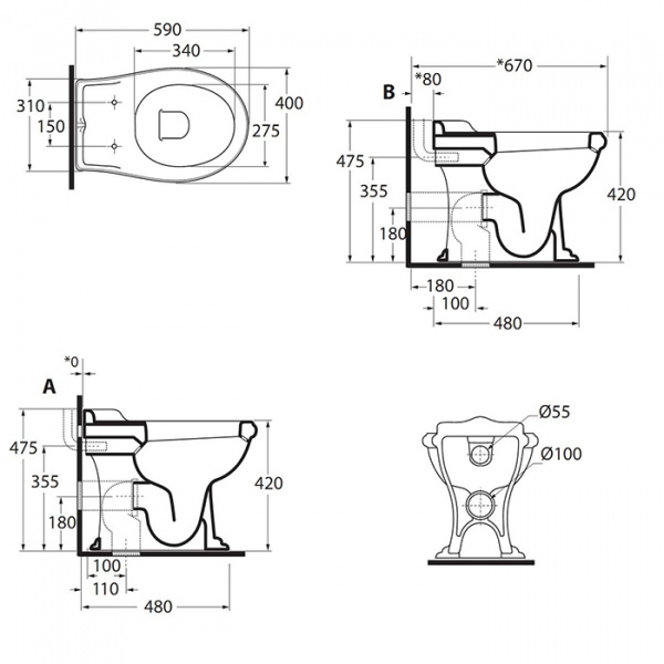 AZZURRA JUBILAEUM унитаз напольный 59х40см, слив в стену, с бачком, средним трубой и белым сиденьем, фурнитура бронза