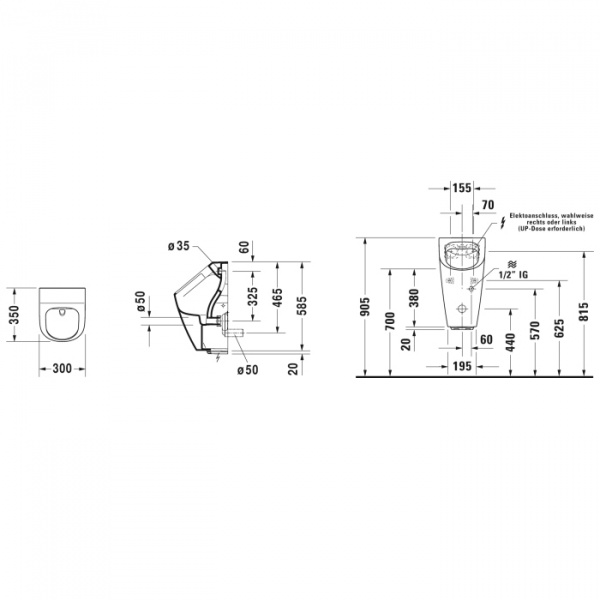 Duravit ME by Starck Писсуар Rimless электронный писсуар с питанием от сети, без смывного края, подача воды сзади, с вытяжкой, сток горизонтальный, с мушкой