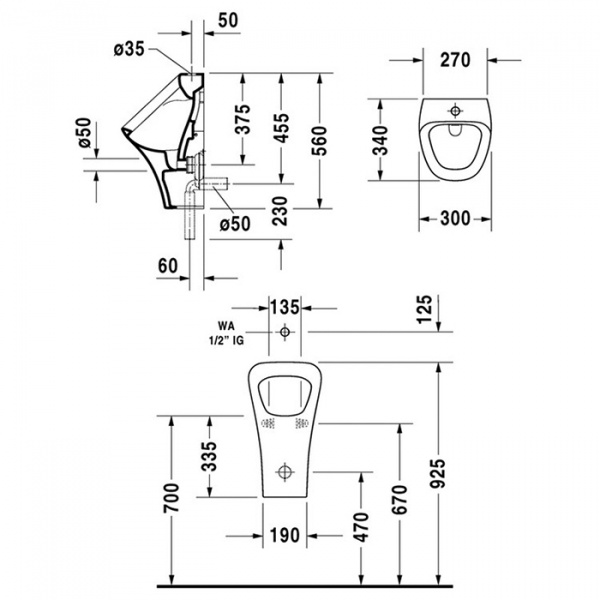 Duravit DuraStyle  Писсуар подача воды сверху, с вытяжкой, сток внутренний вертикальный или горизонтальный, включая, крепление модель без „мушки“, 300