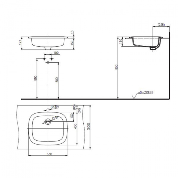 TOTO Public Раковина 53x45x17.7 см, без отв., полувстраеваемая, CeFiONtect, цвет: белый