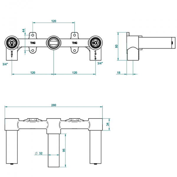 THG Встраиваемая часть смесителя настенного на 3 отверстия на пластине (рукоят.) cross handle version