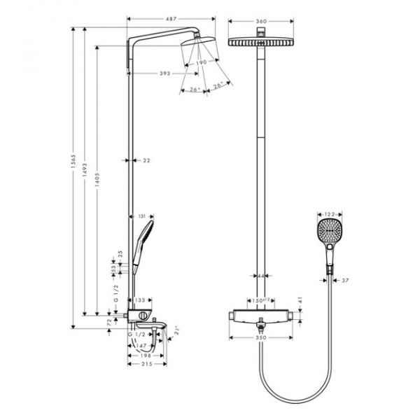 Hansgrohe Raindance Select Showerpipe 360 Душевой гарнитур, в набор входят: термостат с запорным и переключающим вентилем, переключатель для ручного душа, верхний душ Raindance E AIR 1jet 360*190 мм, ручной душ Raindance Select 150 3jet, душевой шланг
