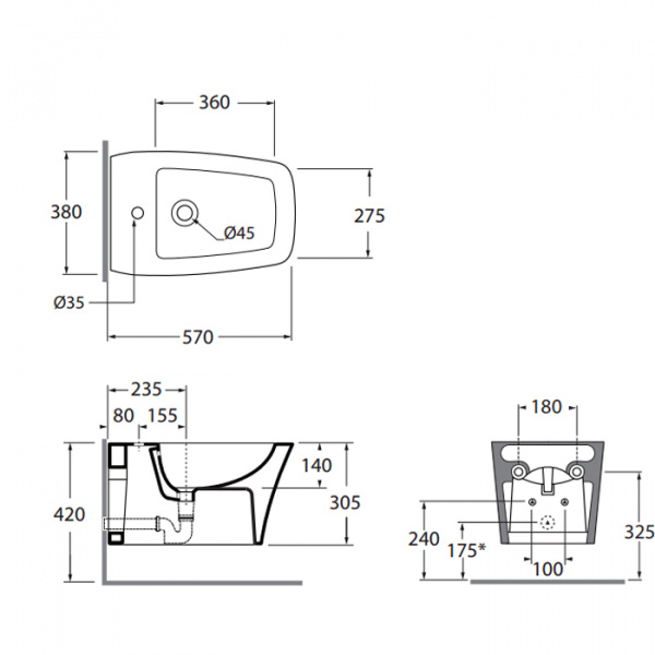 Azzurra Hera Биде подвесное 57х38х36,5 см,   с 1 отв под смеситель, с крепежами, цвет: белый