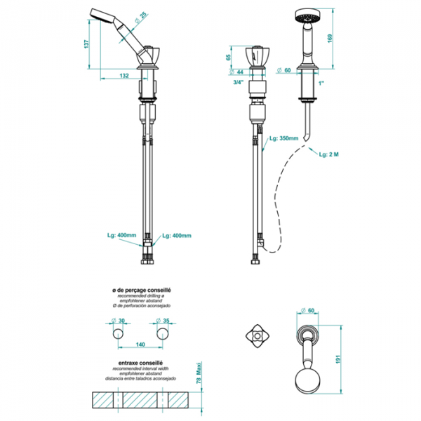 THG Pуtale de cristal bleu Ручной душ на борт ванны, 2 отв., цвет: золото/синий хрусталь