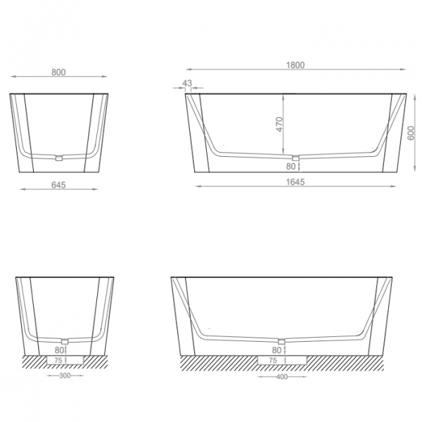 Artceram Square Ванна отдельностоящая, 180х80хh60см, с переливом и слив.крышкой, Livingtec, цвет: белый матовый