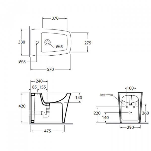 Azzurra Hera Биде напольное приставное 57х38х42 см,  с 1 отв под смеситель, с крепежами, цвет: белый