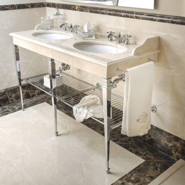 3SC Consolle Консоль Regale Double 163х60хh77см, с 2 раковинами, сифонами, полочкой и полотенцедердателями, цвет: хром