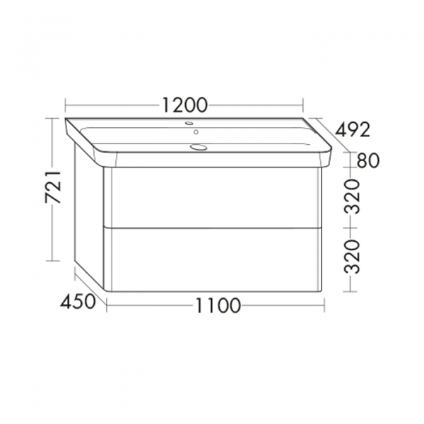 Burgbad Iveo База подвесная с керамическим умывальником с 1 отв под смес. 120х49.2х72.1см.2 выдв ящика, сифон в компл. F2834, цвет: фланелевый дубовый