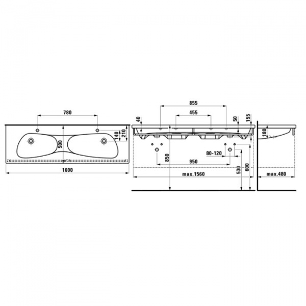 Laufen Palomba Раковина 160x50х4 см, без отв., двойная, цвет: белый