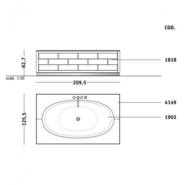 VITAGE milldue edition RITZ Ванна 190х100 см, стальная, подача воды из водослива, в комплекте с сифоном, основанием и мраморным топом, отдельностоящая, цвет: белый/Golden crash