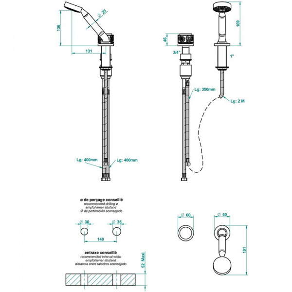 THG Paradise Ручной душ на борт ванны, 2 отв., цвет: хром/хрусталь