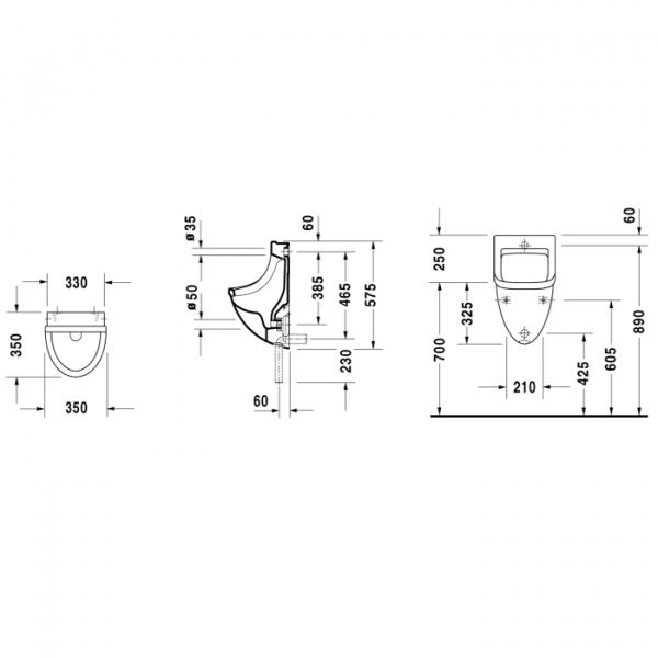Duravit Starck 3 Писсуар подача воды сзади, с вытяжкой, сток внутренний вертикальный или горизонтальный, включая крепление, модель с „мушкой“, 330x35