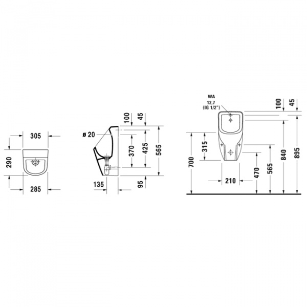 Duravit D-Code Писсуар подача воды сзади, без смывного края, для подключения 1/2», вкл. смывную форсунку, набор для подачи воды, сливной вентиль, цвет: белый