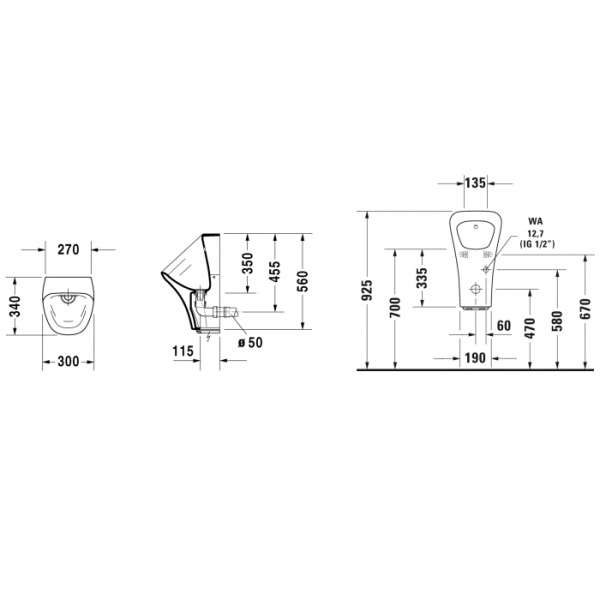 Duravit DuraStyle Писсуар безободковый электронный от батареек 30х34см,подача воды сзади, с гидрозатвором, с креплением, цвет: белый