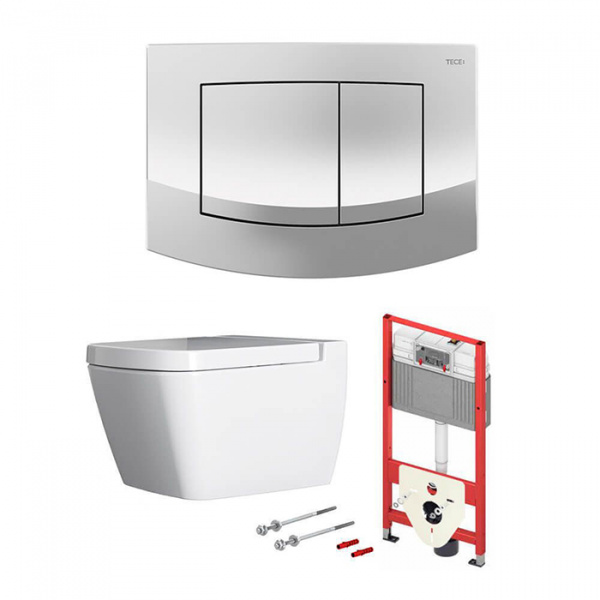 TECEbase 2.0 Комплект 5 в 1, унитаз TECE One, инсталяция для подвесного унитаза, клавиша смыва TECEambia хром, крепеж для монтажа, звукоизоляция