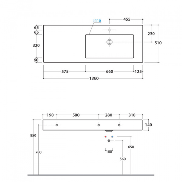 Globo Incantho Металлическая консоль с раковиной 136х51см, чаша слева, без отв., цвет: черный/белый