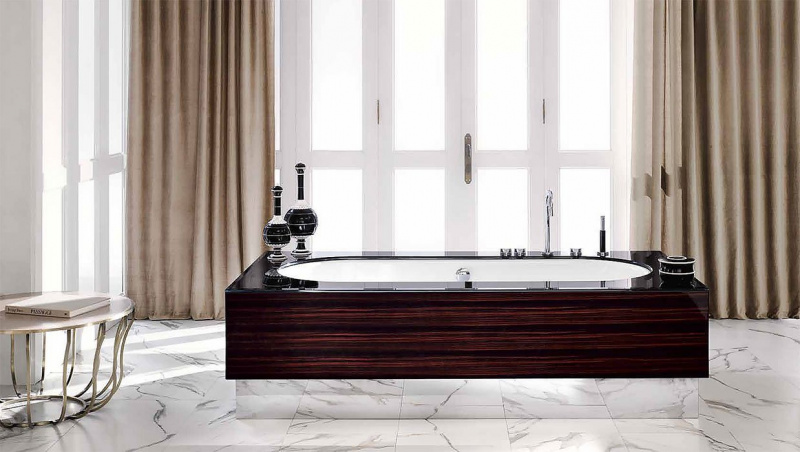 VITAGE milldue edition Ванна отдельностоящая 200х100см, стальная, с сифоном, топ стекло nero, цвет: белый / глянцевый шпон Ebano