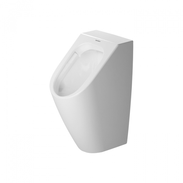 Duravit ME by Starck Писсуар Rimless 0,5л., 30х35см, без смывного края, подача воды сзади, с вытяжкой, сток горизонтальный, включая крепление, модель с „мушкой