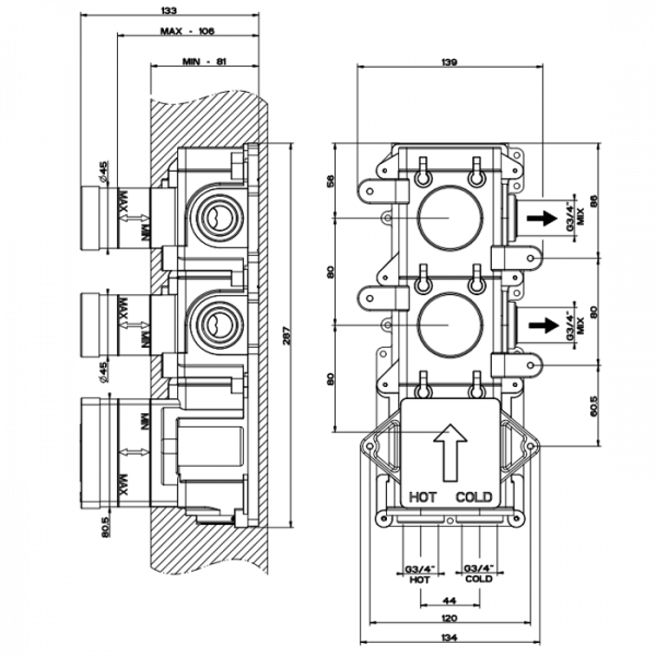 Gessi Внутренняя часть встраиваемого термостатического смесителя с 2мя независимыми выходами