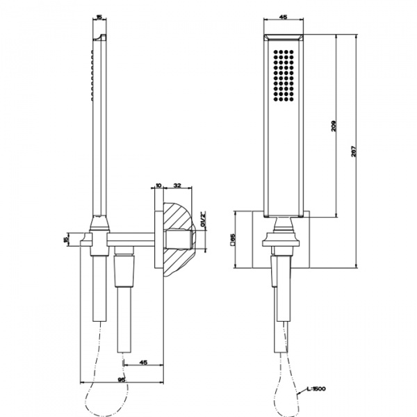 Gessi Eleganza Душевой комплект: вывод на 1/2”, держатель, шланг 1,5м и душевая лейка, цвет: хром